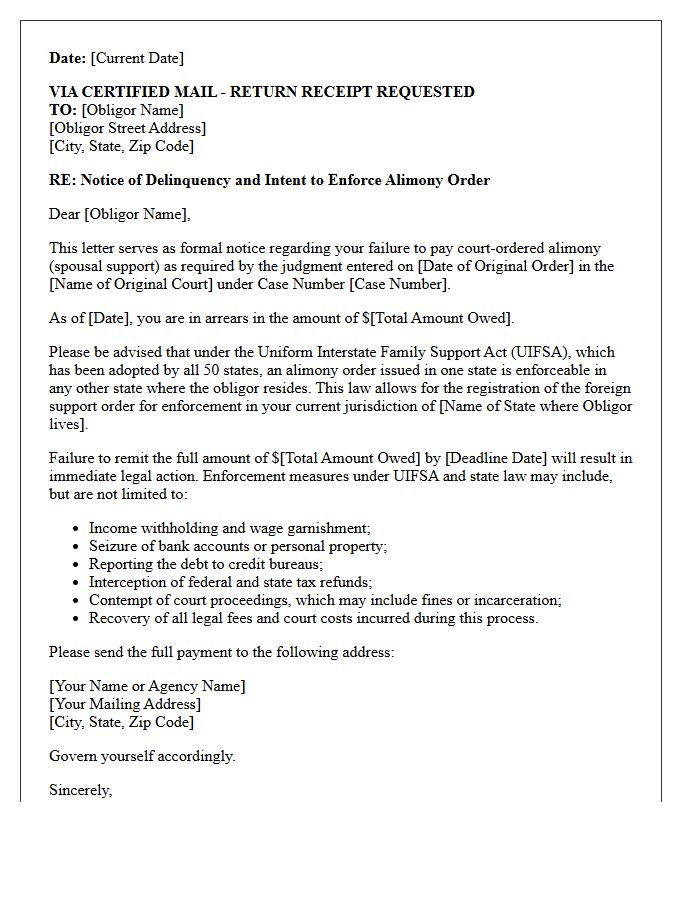 Interstate Jurisdiction Alimony Enforcement Demand Letter
