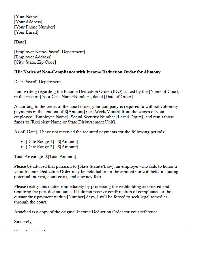 Income Deduction Order Alimony Enforcement Demand Letter