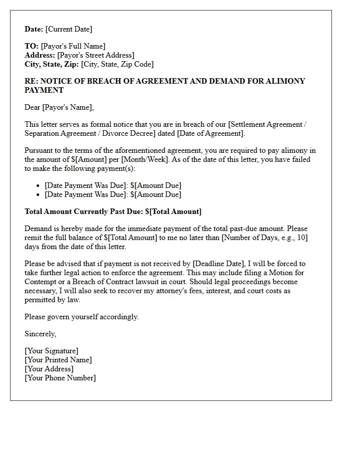 Breach Of Agreement Alimony Enforcement Demand Letter