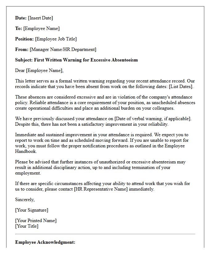 First Warning Letter for Excessive Absenteeism