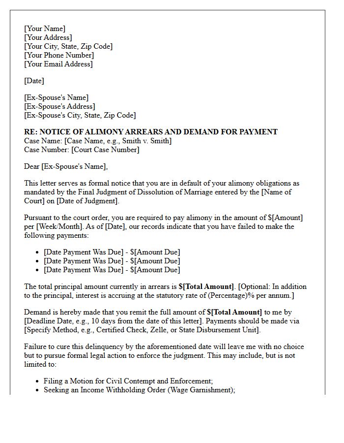 Post-Judgment Arrears Alimony Enforcement Demand Letter