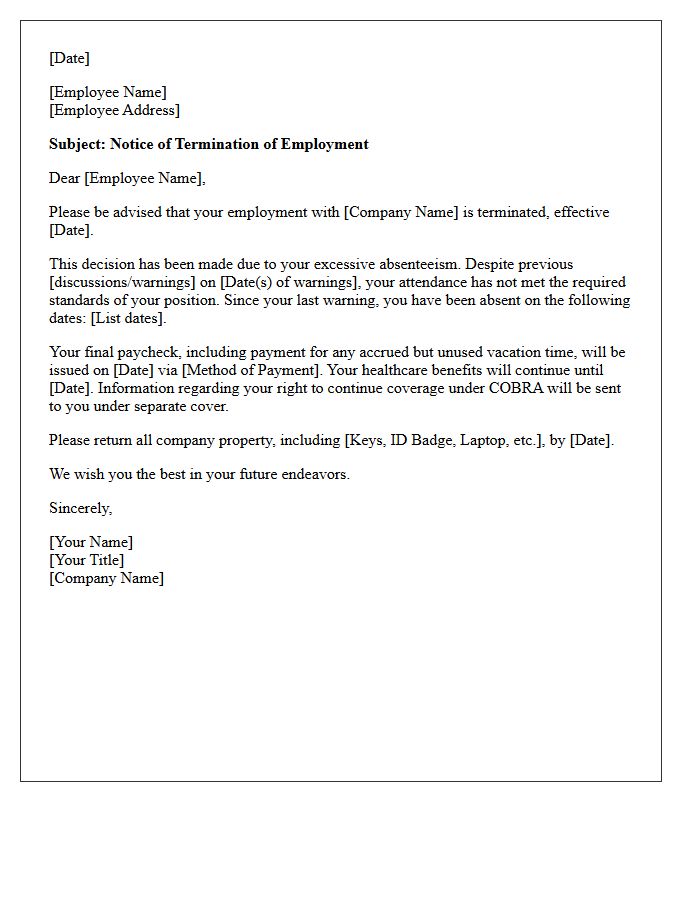 Excessive Absenteeism Termination Letter