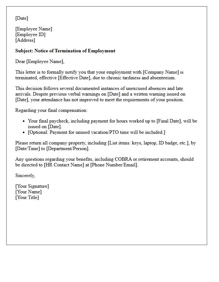 Chronic Tardiness and Absenteeism Termination Letter
