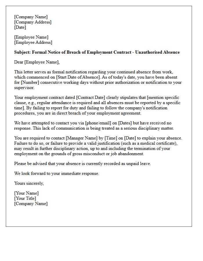 Breach of Employment Contract Absenteeism Letter