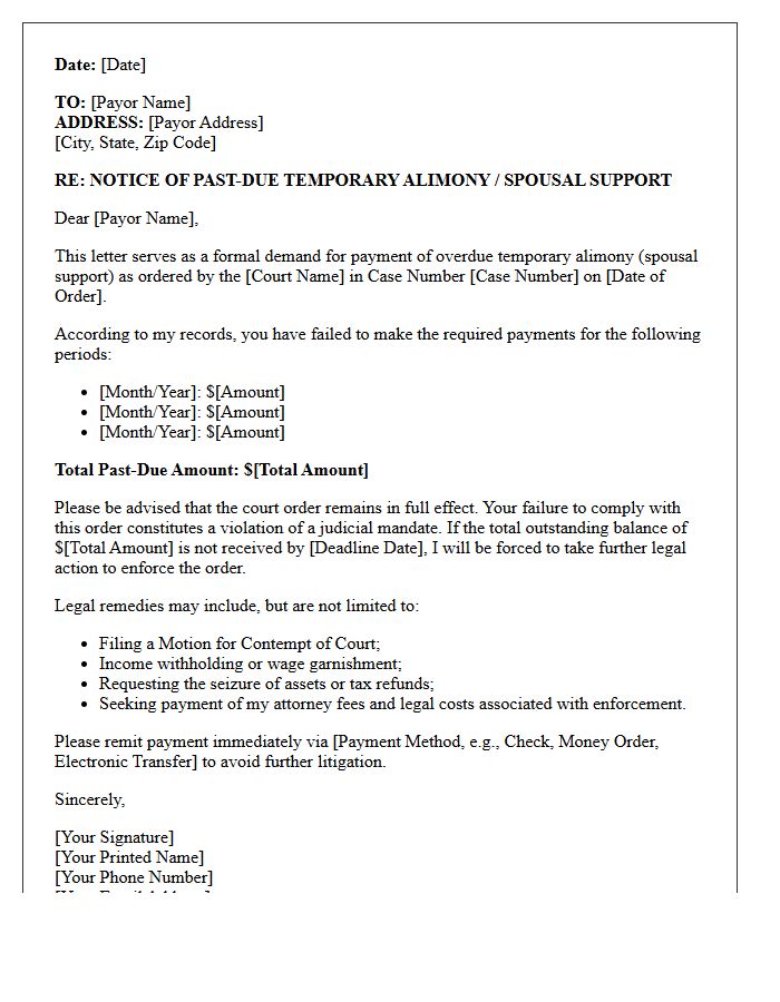 Temporary Support Alimony Enforcement Demand Letter