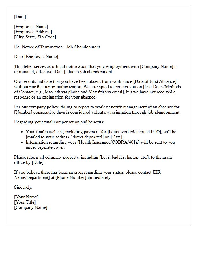 Standard Job Abandonment Termination Letter