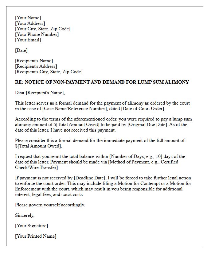Lump Sum Payment Alimony Enforcement Demand Letter
