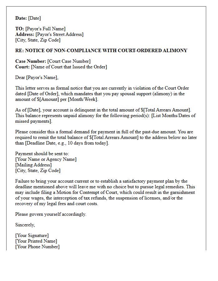 Court Order Compliance Alimony Enforcement Demand Letter
