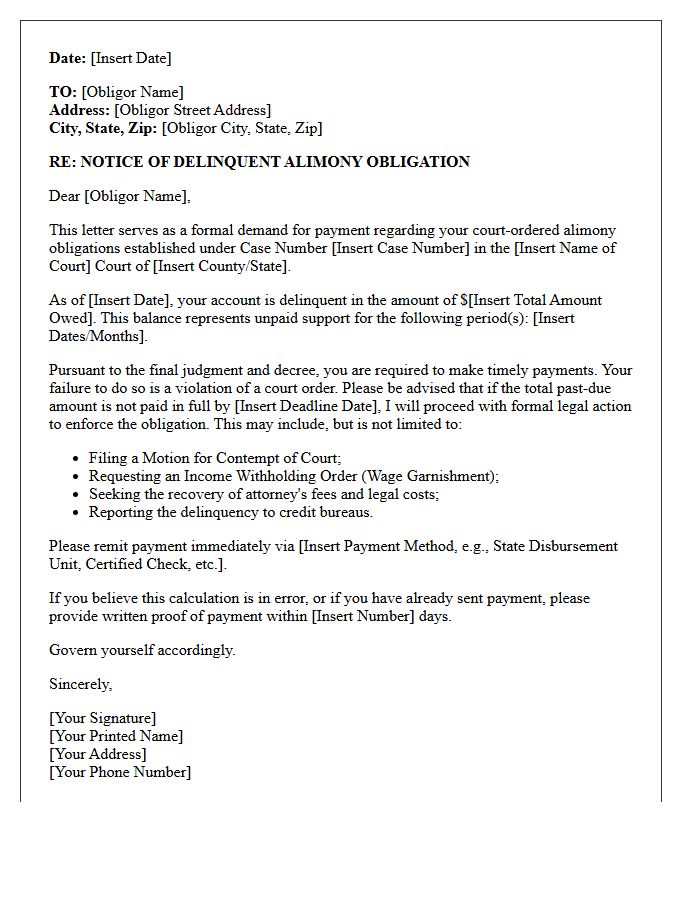 Delinquent Obligation Alimony Enforcement Demand Letter