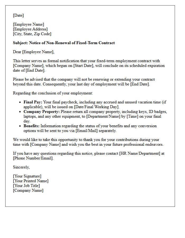 Notice of Non-Renewal for Fixed-Term Contract Letter