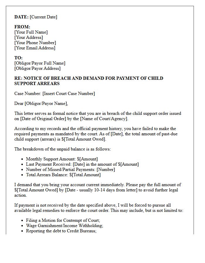 Child Support Arrears Breach Demand Letter