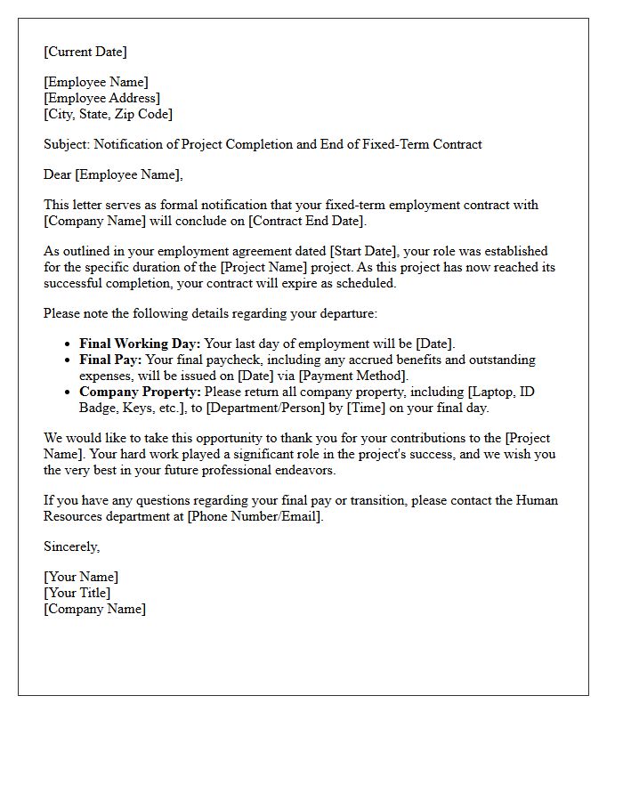 Project Completion End of Fixed-Term Contract Letter