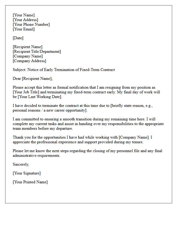 Early Termination of Fixed-Term Contract Letter