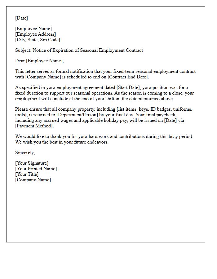 Expiration of Seasonal Employment Fixed-Term Contract Letter
