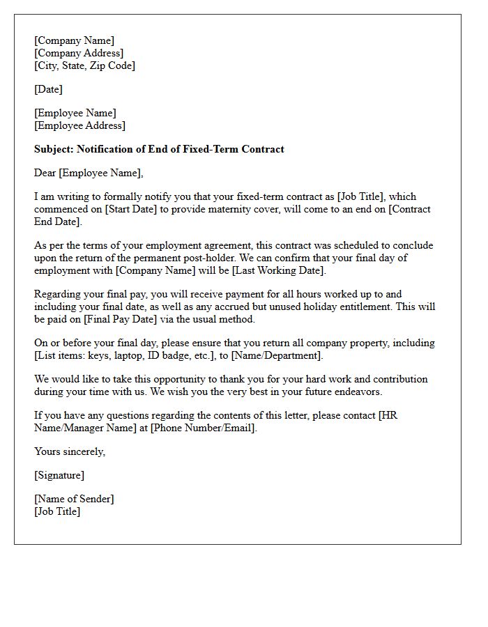 End of Maternity Cover Fixed-Term Contract Letter