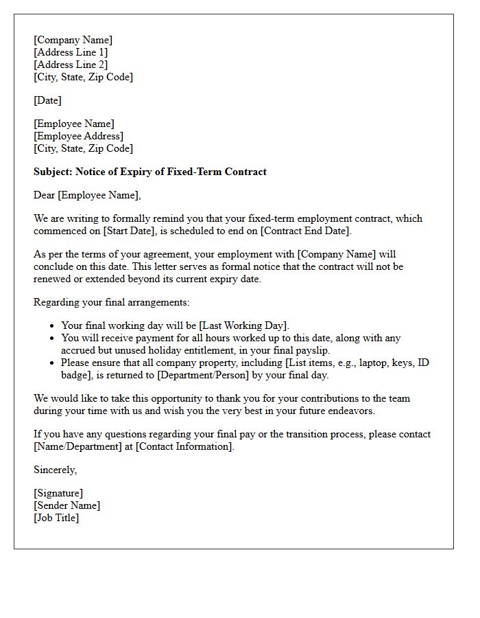 End of Fixed-Term Contract Reminder Letter