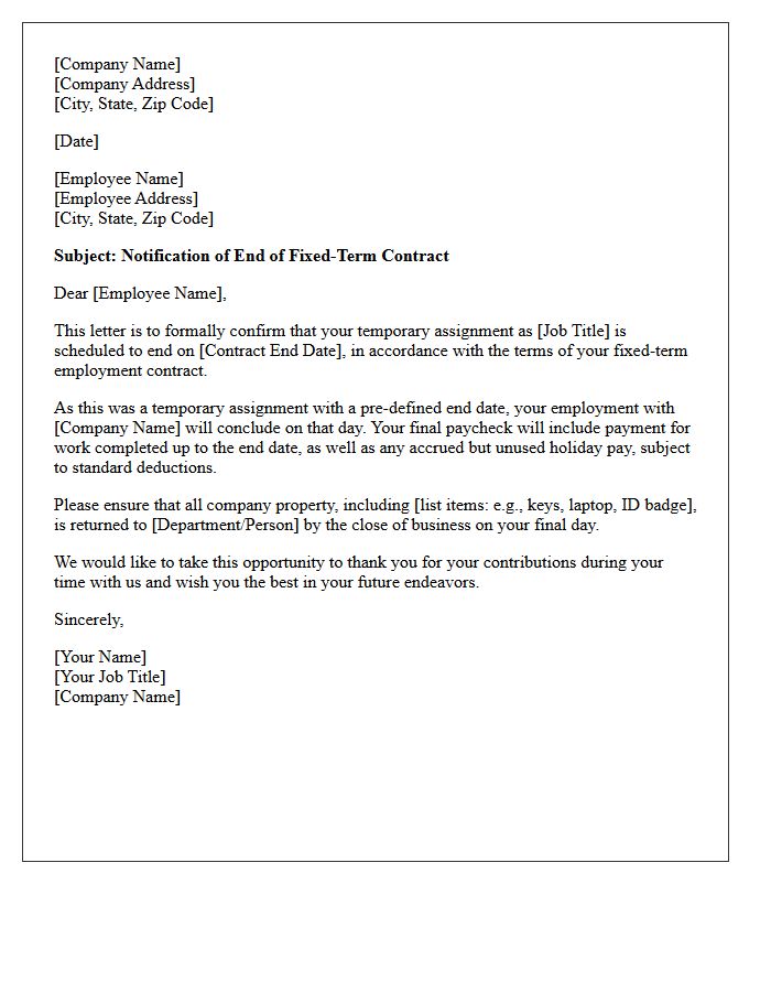End of Temporary Assignment Fixed-Term Contract Letter