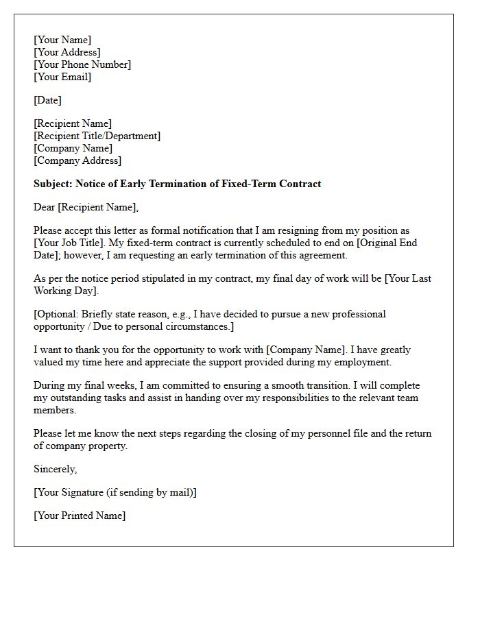 Early Termination of Fixed-Term Contract Letter