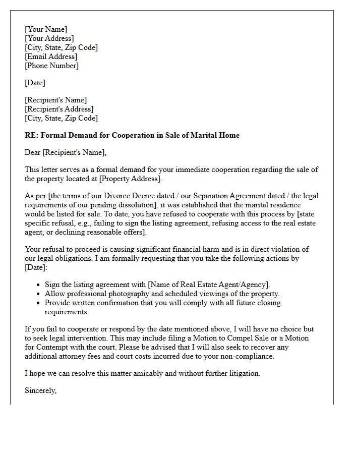 Marital Home Sale Refusal Demand Letter