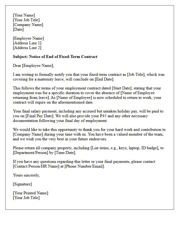 Maternity Cover Contract Conclusion Letter