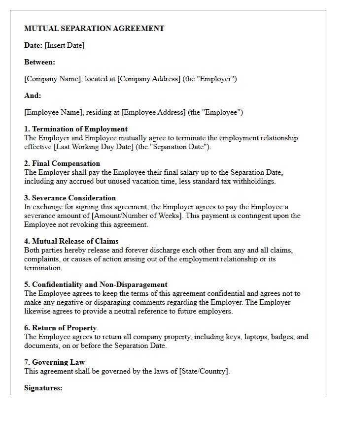 Standard Mutual Agreement Separation Letter