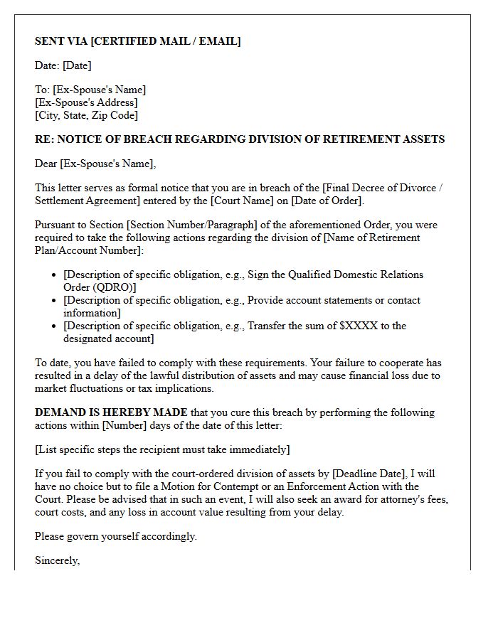 Retirement Asset Division Breach Demand Letter