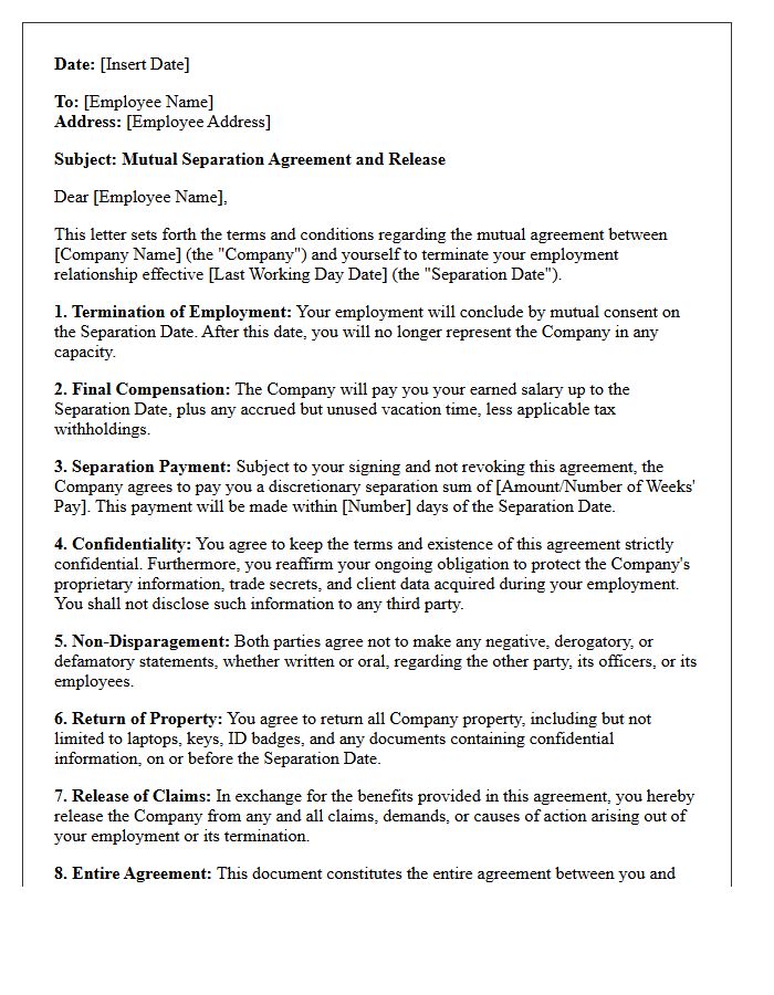 Confidentiality Inclusive Mutual Separation Letter