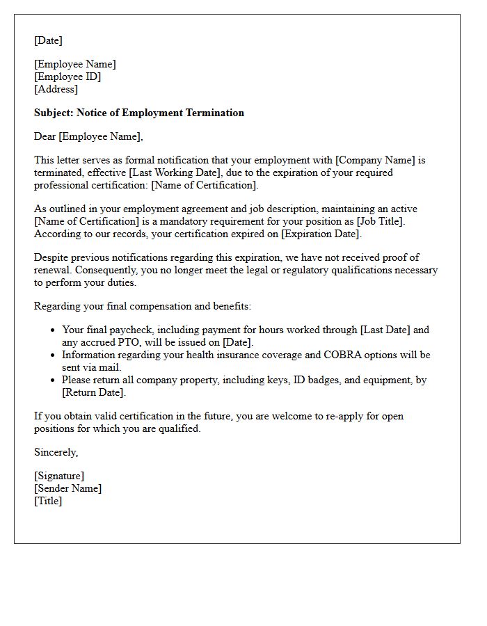 Notice of Employment Termination Letter Due to Expired Certification