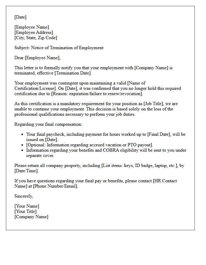 Loss of Required Industry Certification Termination Letter