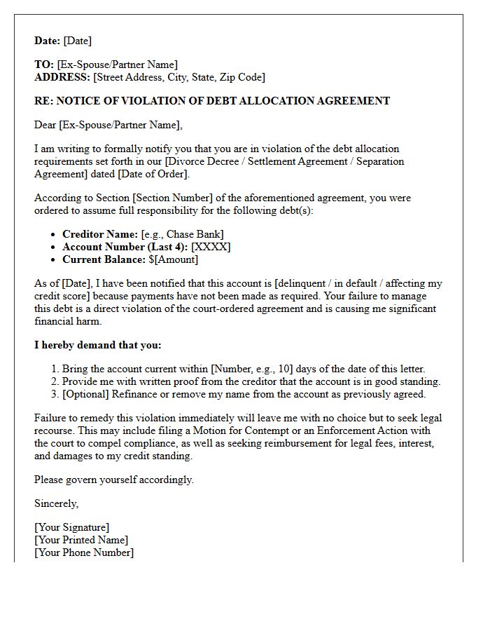 Joint Debt Allocation Violation Demand Letter