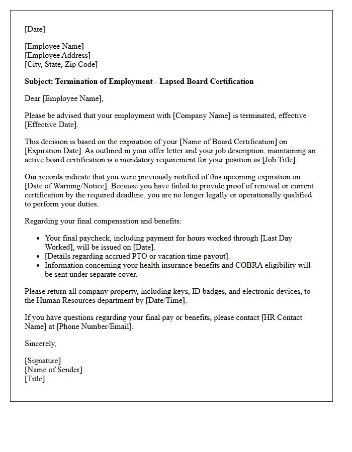 Lapsed Board Certification Employment Termination Letter