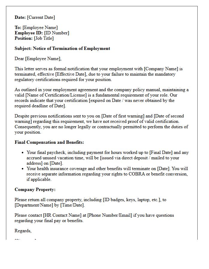 Non-Compliance with Regulatory Certification Requirements Termination Letter