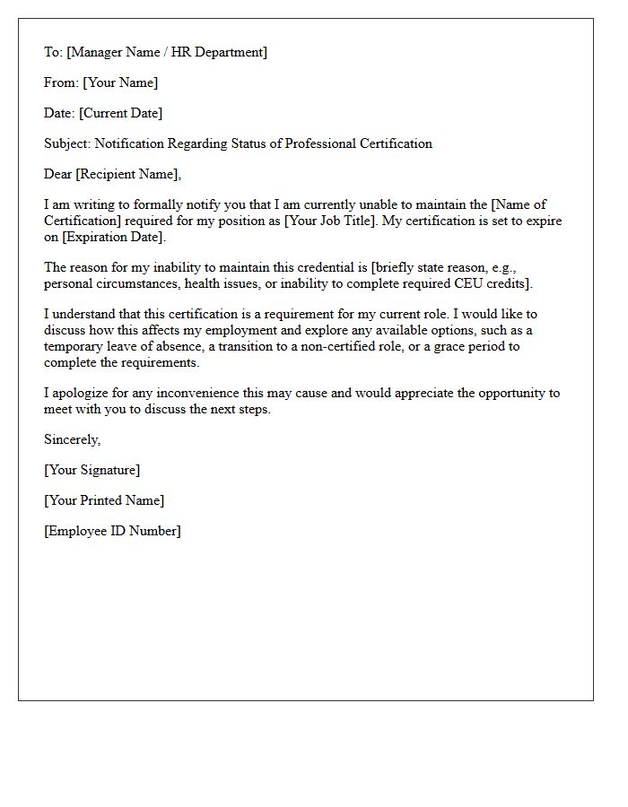Inability to Maintain Essential Professional Certification Letter