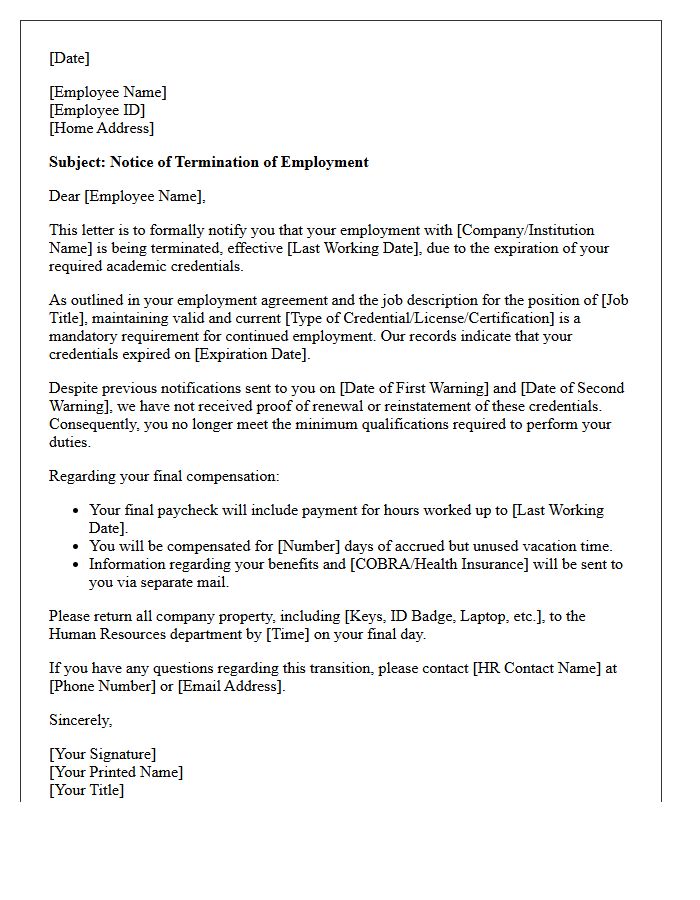 Expiration of Required Academic Credentials Termination Letter