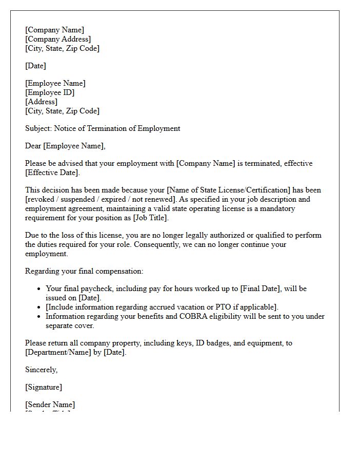 Loss of State Operating License Employment Termination Letter