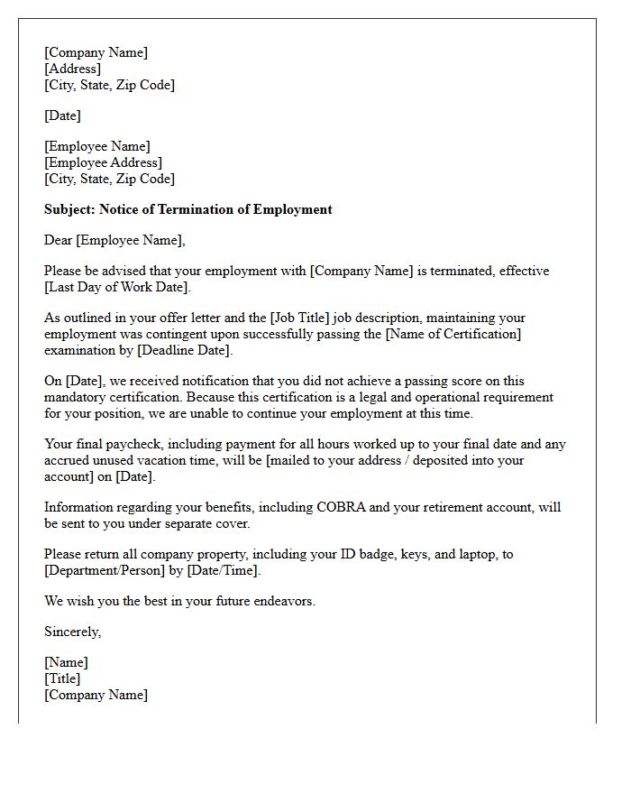 Failure to Pass Mandatory Certification Examination Termination Letter