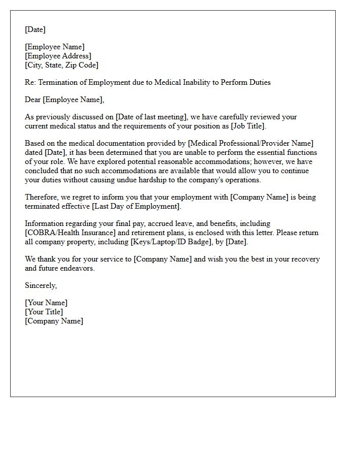 Standard Medical Inability to Perform Duties Termination Letter
