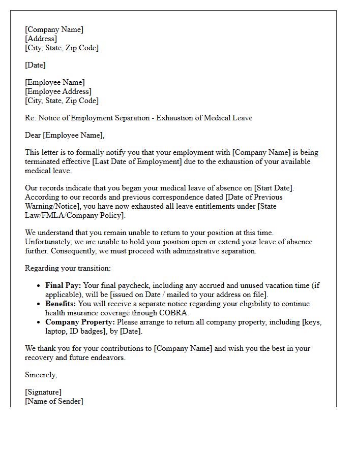 Exhaustion of Medical Leave Separation Letter