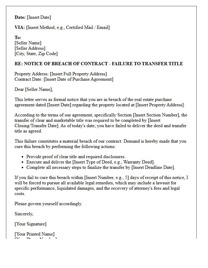 Real Estate Title Transfer Breach Letter