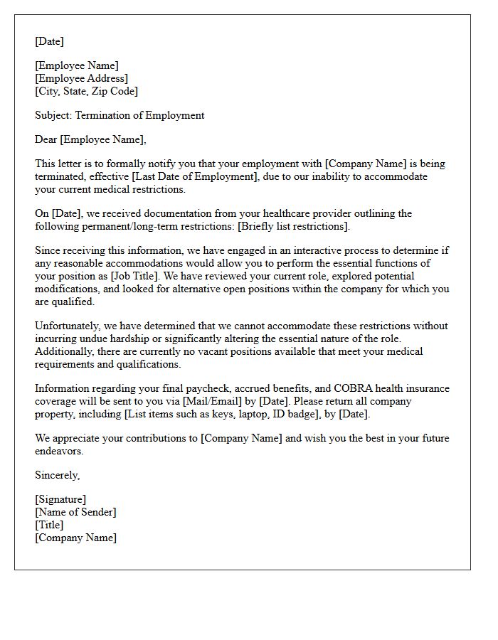 Inability to Accommodate Medical Restriction Termination Letter