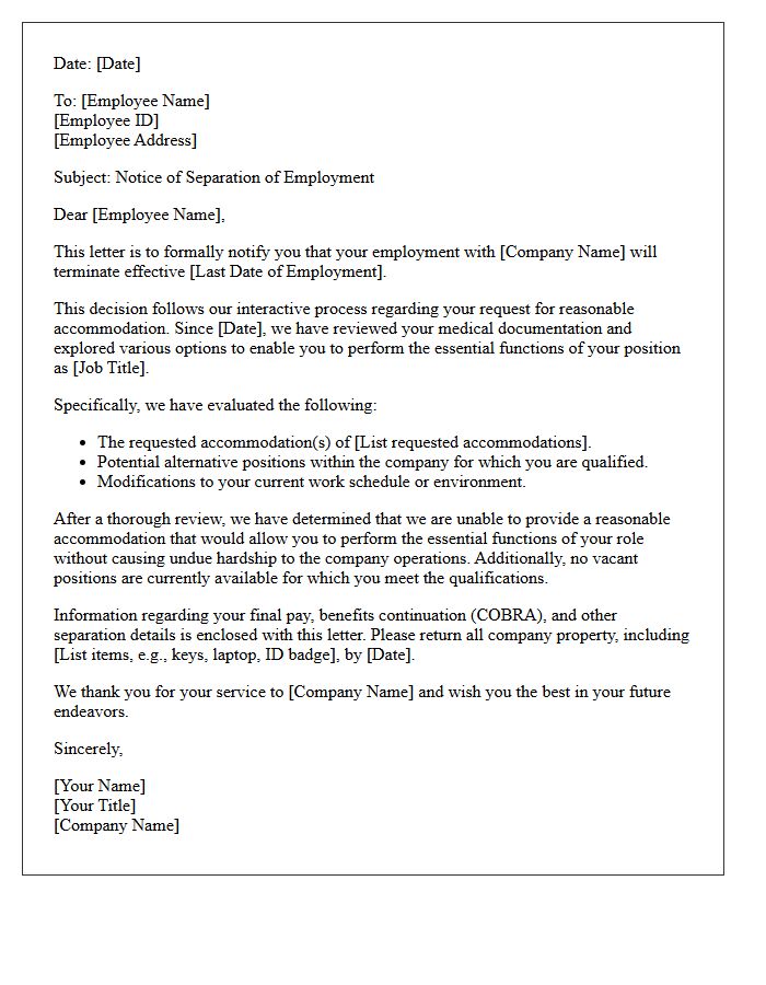 Absence of Reasonable Accommodation Separation Letter