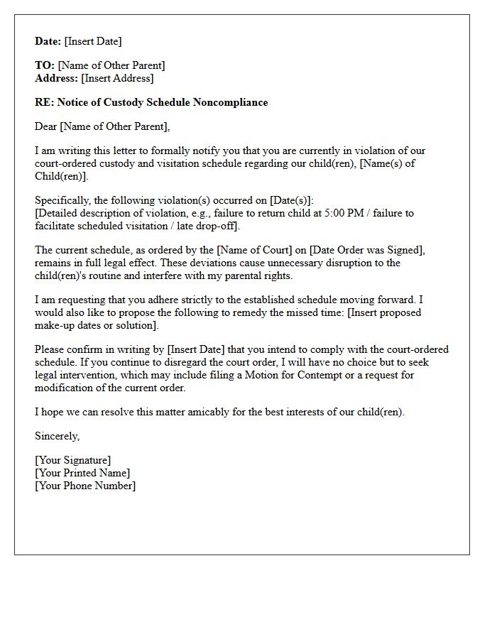 Child Custody Schedule Noncompliance Demand Letter