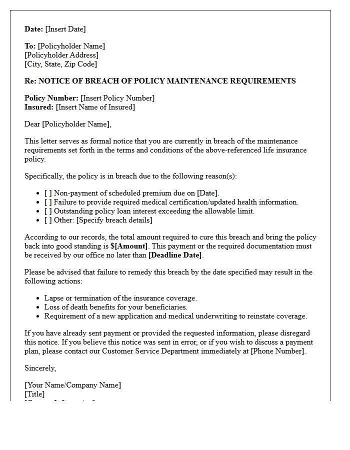 Life Insurance Policy Maintenance Breach Letter
