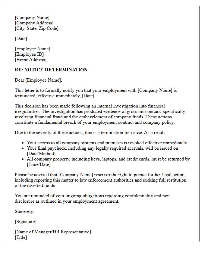 Termination Letter for Financial Fraud and Embezzlement