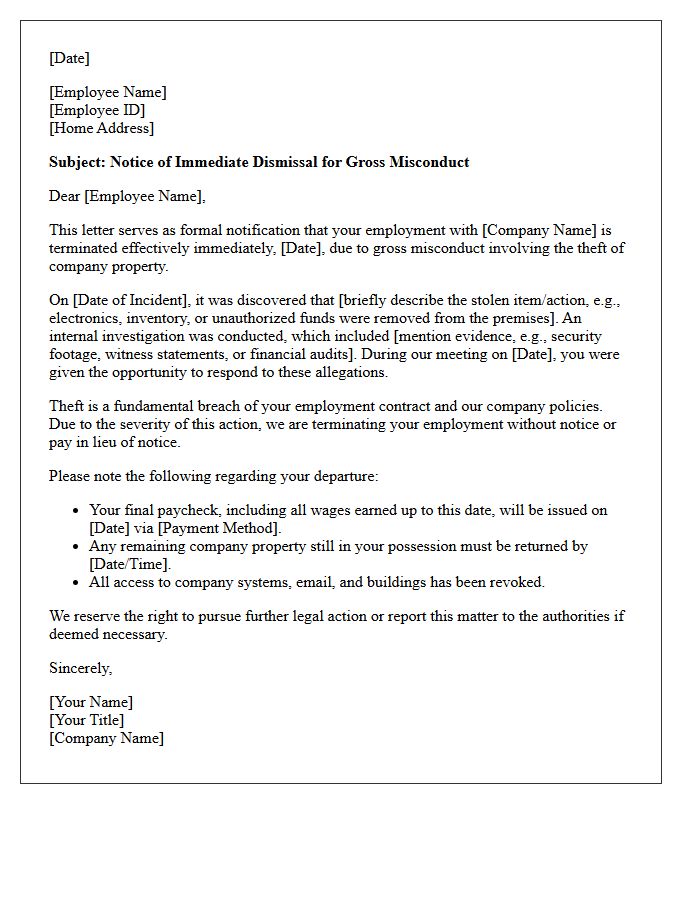 Immediate Dismissal Letter for Company Property Theft