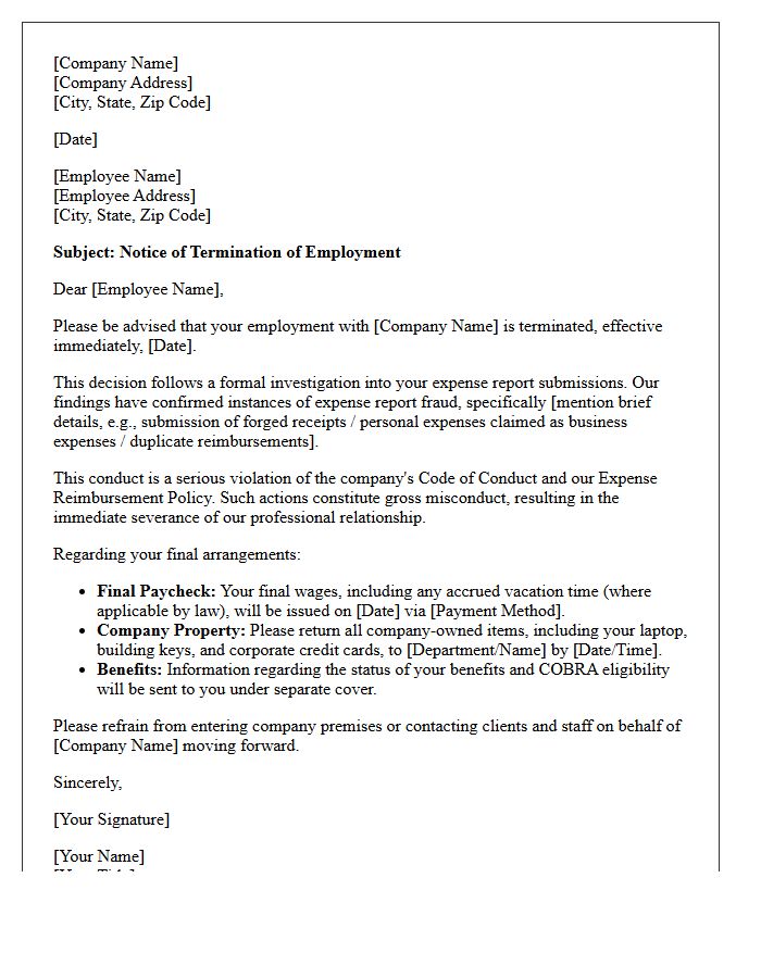 Notice of Termination Letter for Expense Report Fraud