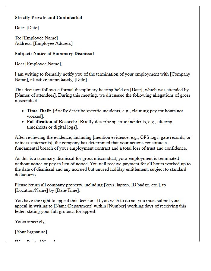 Summary Dismissal Letter for Time Theft and Falsification