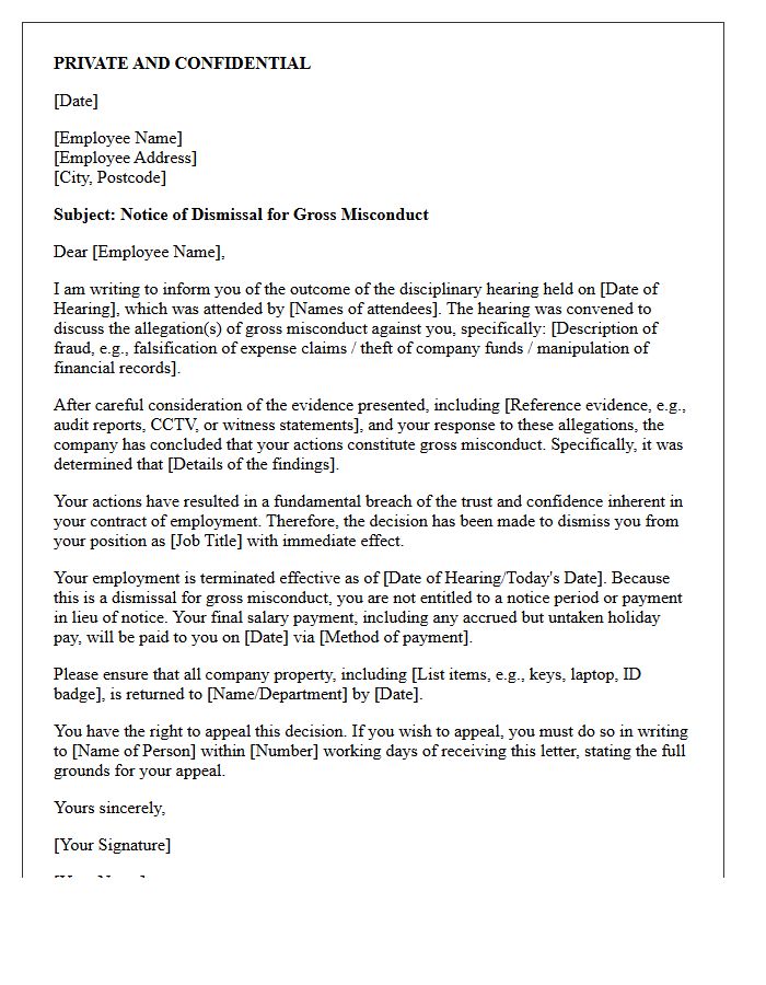 Gross Misconduct Letter for Workplace Fraud