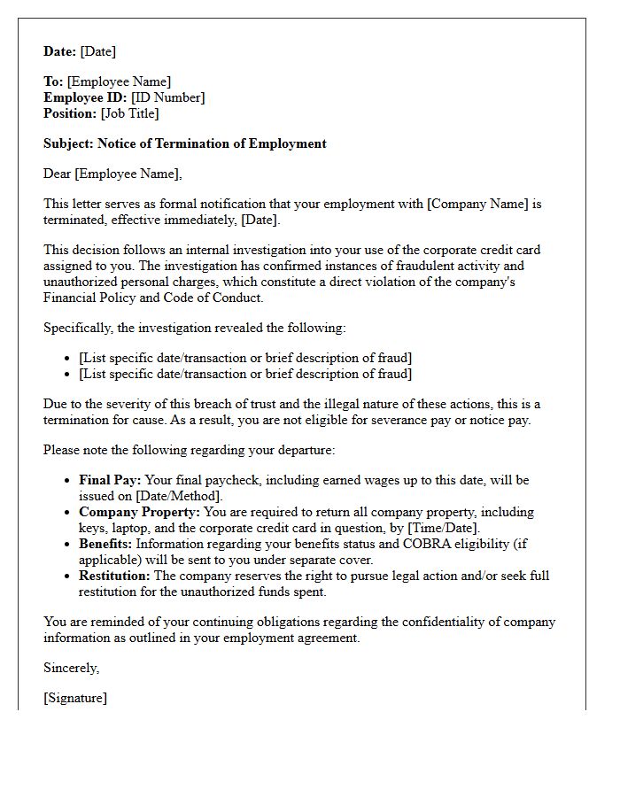 Termination Letter for Corporate Credit Card Fraud