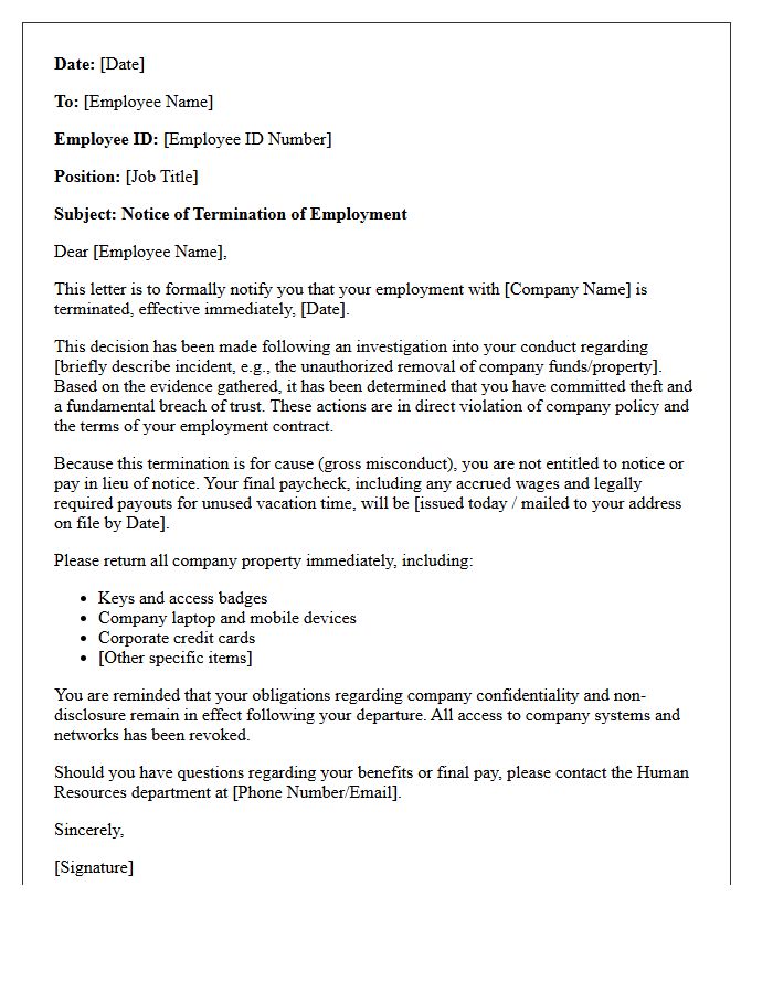 Breach of Trust and Theft Termination Letter